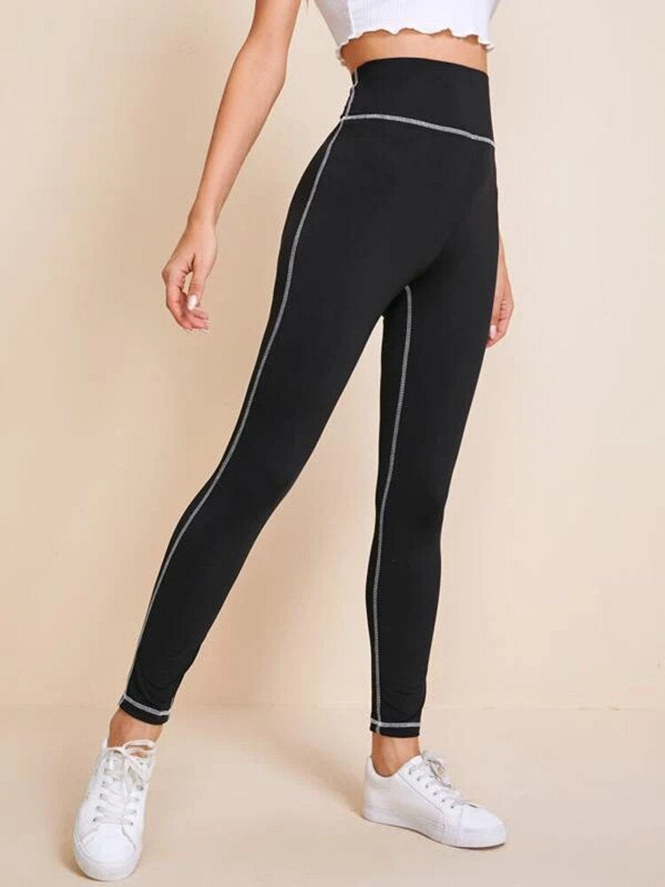 Women Solid Color High Waist TopstitchYoga Leggings