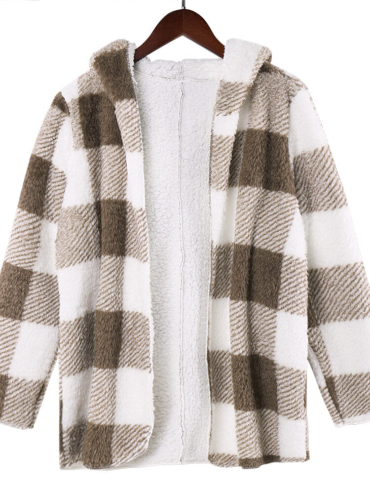 Women Plaid Fleece Hood Long Sleeve Warm Casual Hooded Sweatshirt Main image