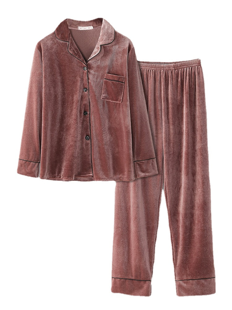 Plus Size Velvet Pajama Set: Lapel Button Top & Loose Straight Pants for Women