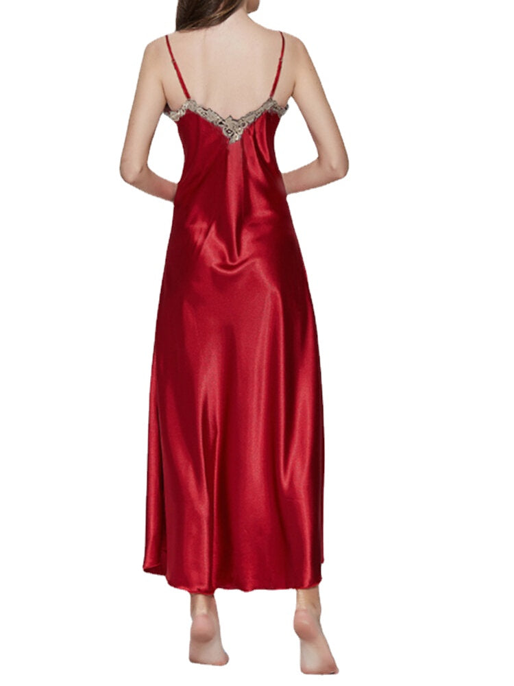 Women's Lace Satin V-Neck Sleeveless Nightgown Dress