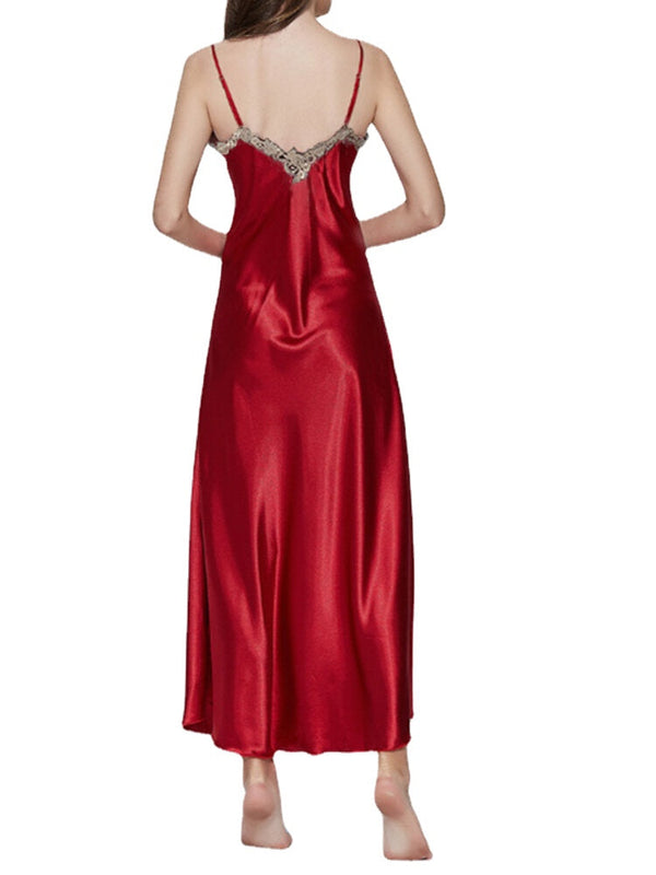 Women's Lace Satin V-Neck Sleeveless Nightgown Dress