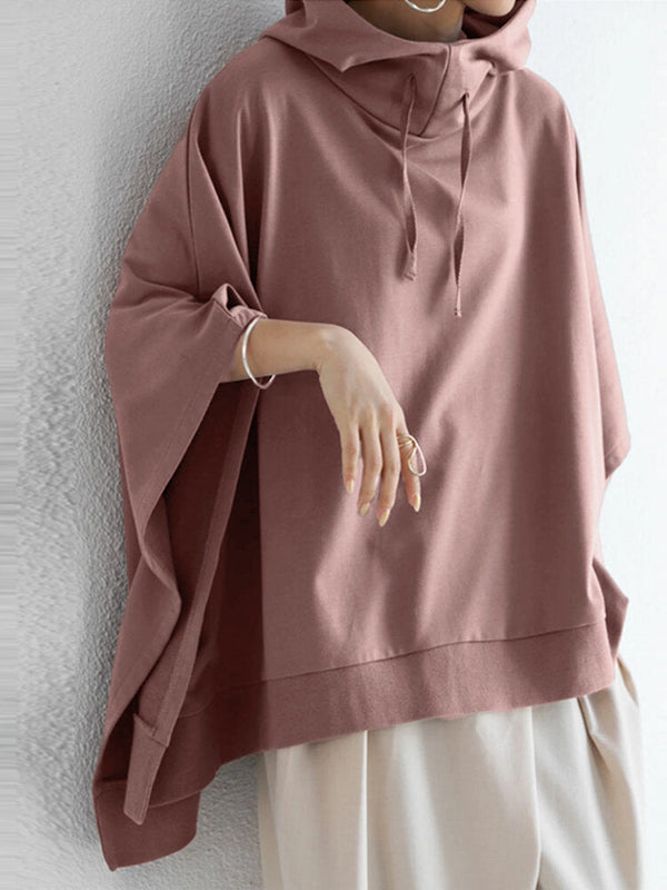 Women Solid Color Turtleneck Collar Dolman Sleeveless Retro Hooded Sweatshirt