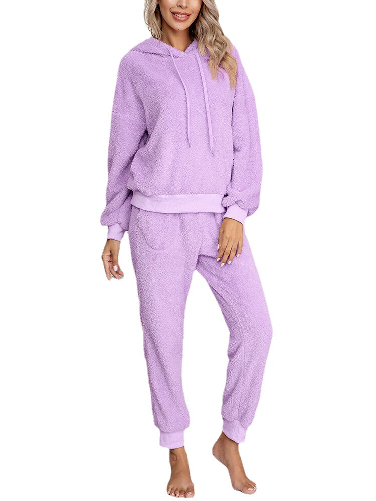 Women Soft Solid Color Hoodie Pocket Elastic Waist Jogger Pants Home Plush Pajama Set