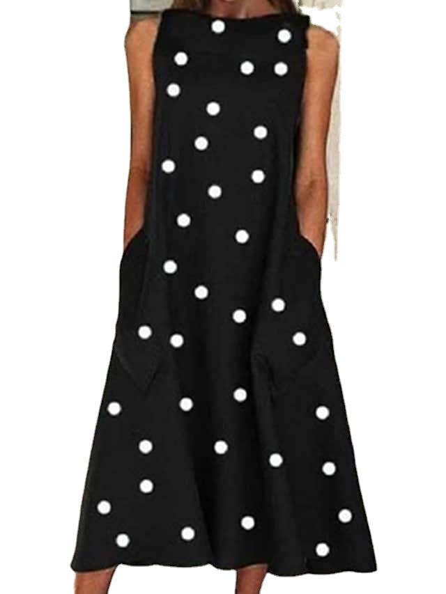 Women's Sleeveless Polka Dot Print Crew Neck Dress With Pocket Main image