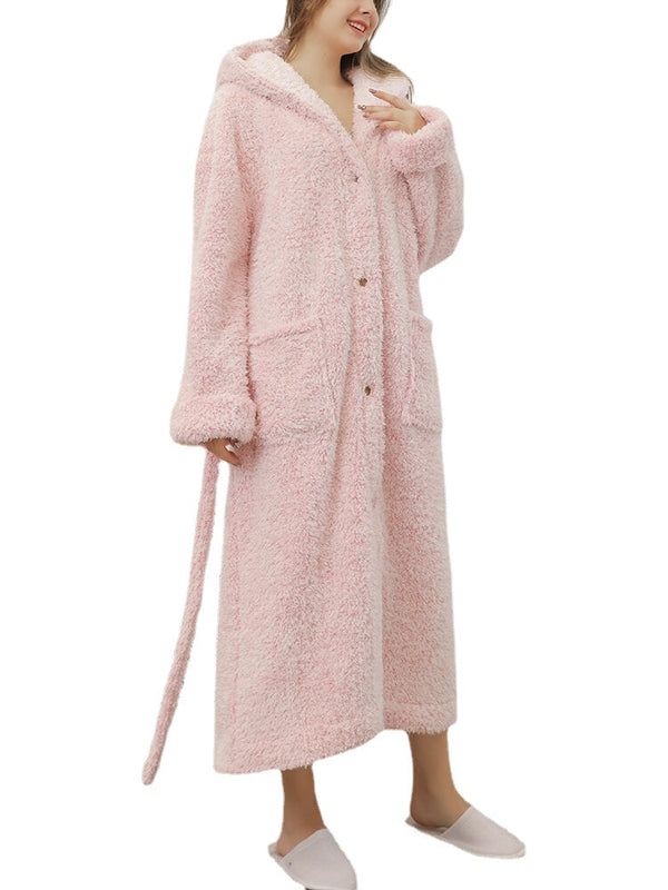 Women's Warm Fleece Hooded Robe with Belt and Buttons