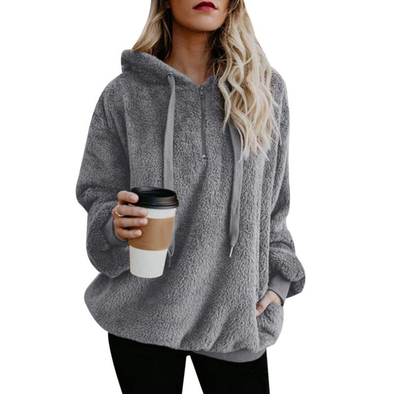 Fleece Long Sleeve Hooded Pullover Sweatshirt Autumn Winter Warm Zipper Pocket Fur Coat For Women Secondary image