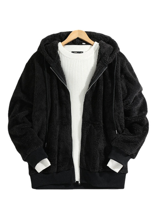 Mens Black Plush Warm Long Sleeve Pocket Teddy Hooded Jacket