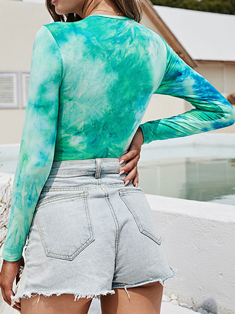 O-Neck Long Sleeve Tie Dye Print Tight-fitting Sport Bodysuit
