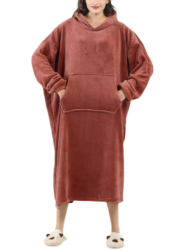 Women's Fluffy Flannel Wearable Blanket Hoodie with Kangaroo Pocket - Warm & Oversized
