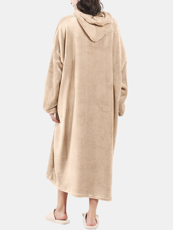 Women's Fluffy Flannel Wearable Blanket Hoodie with Kangaroo Pocket - Warm & Oversized