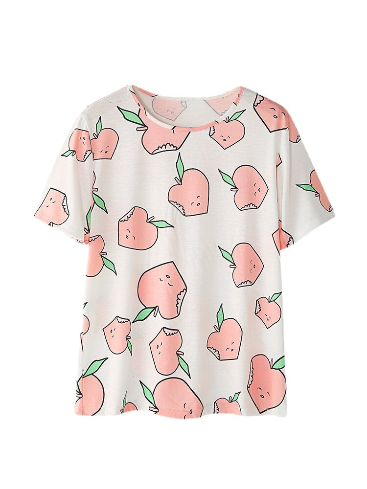 Women's Peach Print Pajama Set - Short Sleeve, Elastic Waist, Casual Homewear Secondary image