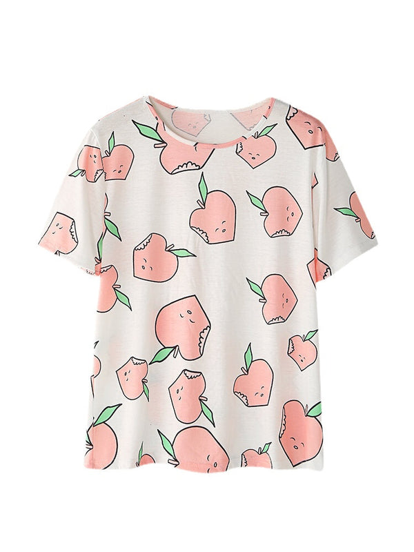 Women's Peach Print Pajama Set - Short Sleeve, Elastic Waist, Casual Homewear