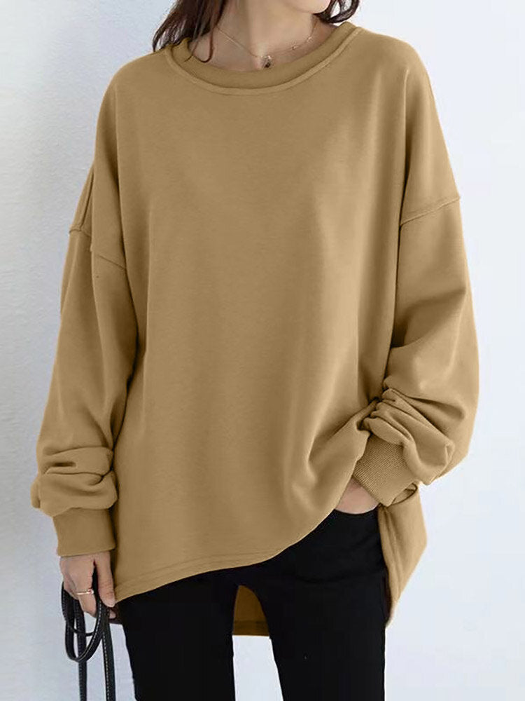 Women Loose Thick Back Fork High Low Solid Casual Pullover Sweatshirt Main image
