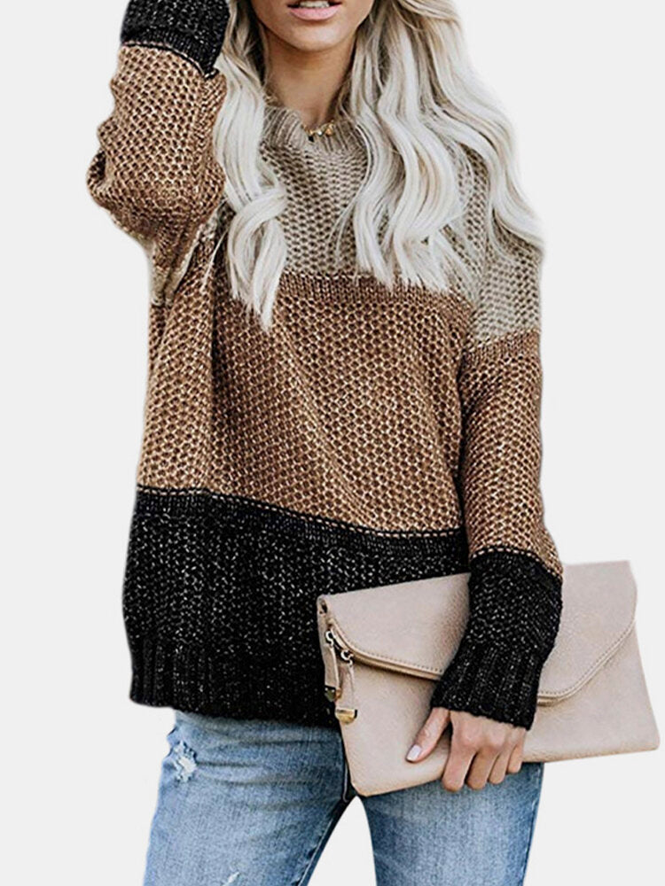 Women Contrast Color Patchwork Round Neck Long Sleeve Knitted Casual Sweater Main image