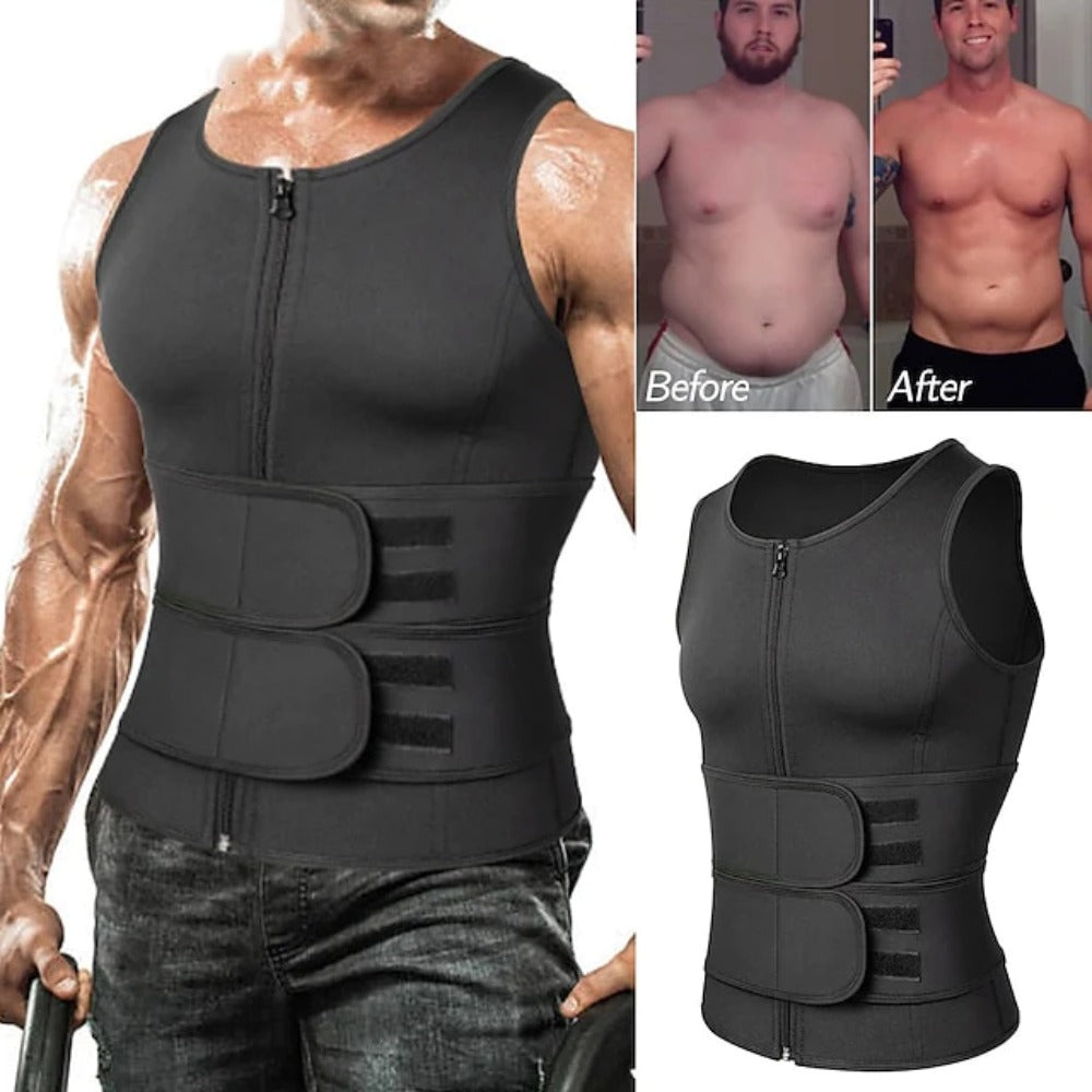 Men Neoprene Sauna Zipper Waist Trainer Vest Tank Top Trimmer Body Shaper with Two Belt Sauna Suit Sweat Vest Slimming Underwear Weight Loss Shirt Fat Burner Tank Tops Shapewear Main image