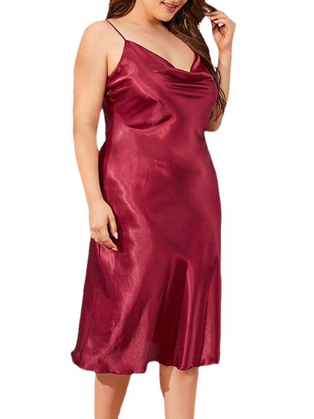 Plus Size Satin Nightgown Dress - Sleeveless, Backless, Pure Color, Spring/Summer Comfort Pajamas
