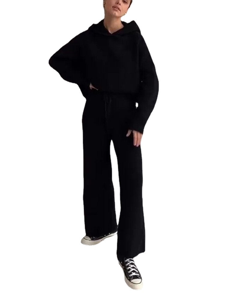 Women Solid Rib-Knit Hoodie Drawstring Wide Leg Pants Casual Long Two-Piece Set
