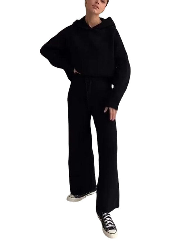Women Solid Rib-Knit Hoodie Drawstring Wide Leg Pants Casual Long Two-Piece Set