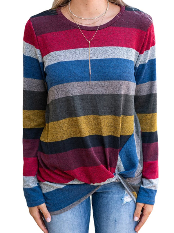 Women Multi-Color Striped O-Neck Twist Hem Long Sleeve T-Shirt