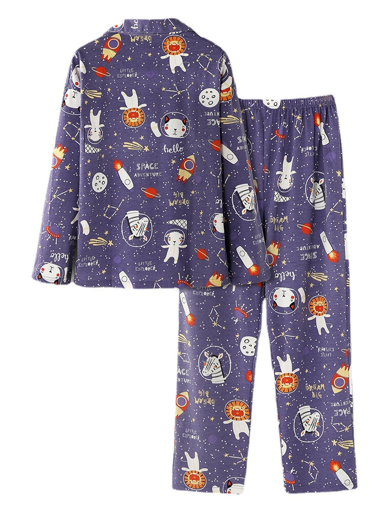 Women's Cartoon Animal Space Print Cotton Pajama Set with Pockets and Elastic Waist Secondary image
