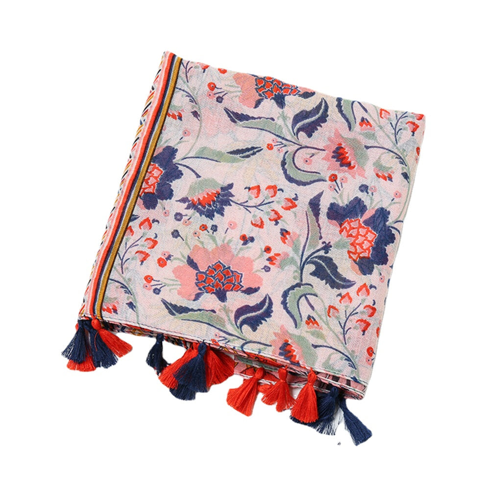 Women Cotton Colored Flower Pattern Scarf Bohemian Long Tassel Dual-Use Sunshade Warm Shawl Secondary image