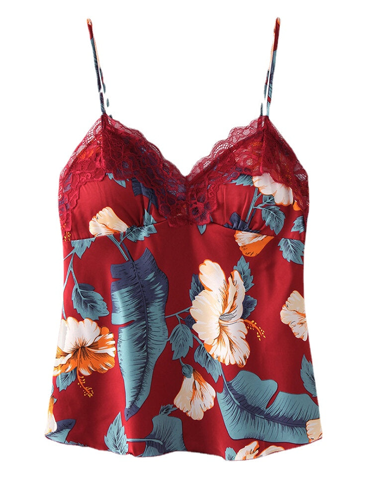 Women's Tropical Print Lace V-Neck Pajama Set