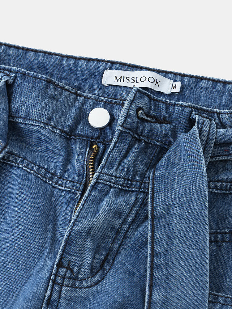 Women Casual Zipper Fly Lace-Up Mid Waist Wide Leg Jeans With Pocket