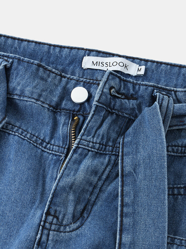 Women Casual Zipper Fly Lace-Up Mid Waist Wide Leg Jeans With Pocket
