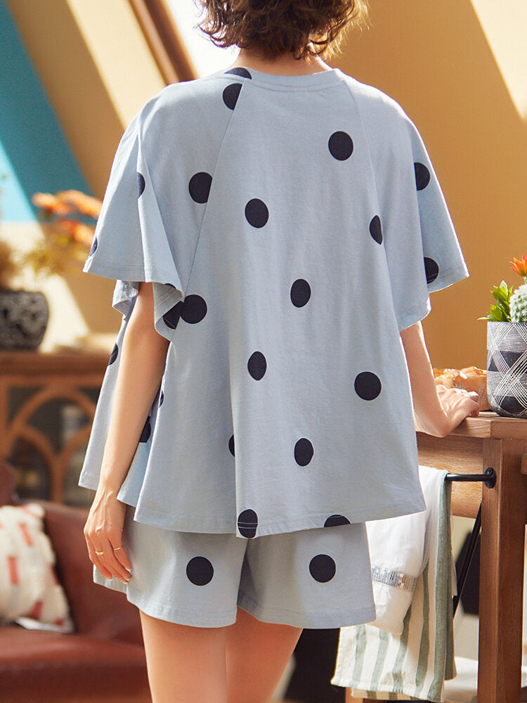 Women's Polka Dot Pajama Set: Round Neck, Short Sleeve, Casual Shorts