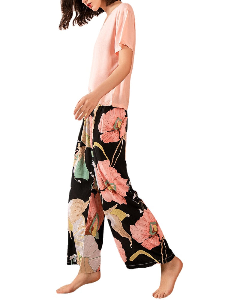 Women's Tropical Floral Pajama Set - Short Sleeve Top & Wide Leg Pants Secondary image