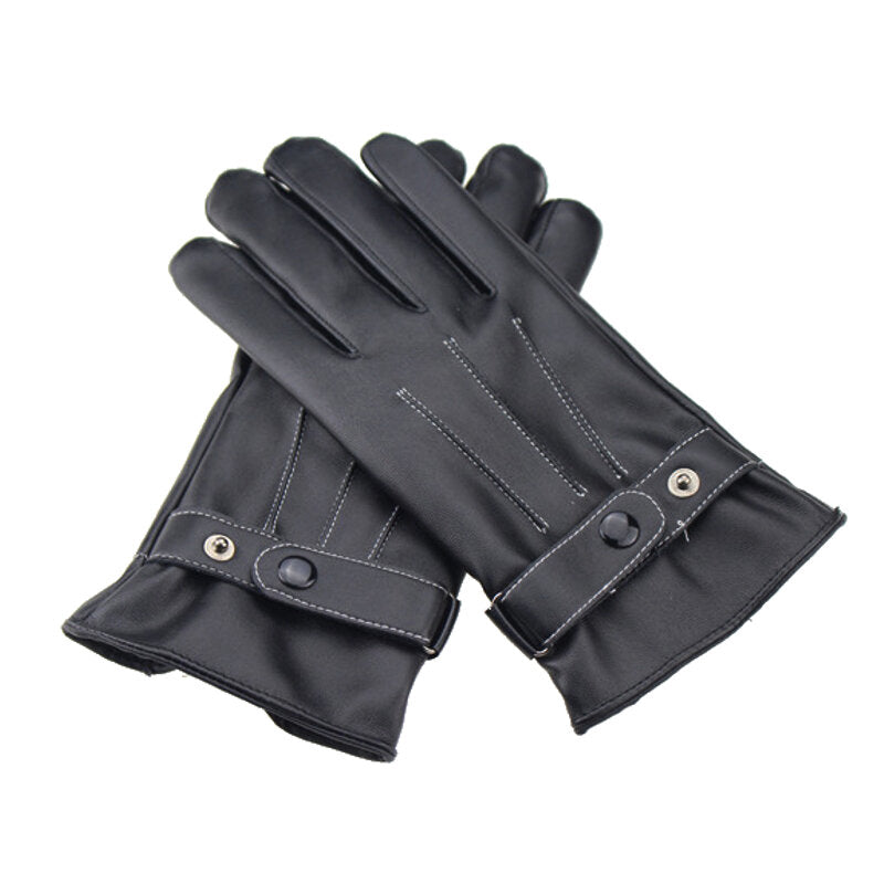 Black Waterproof Touchscreen Winter Gloves - Warm, Windproof, Full Finger, PU Leather, Thicken Cotton
