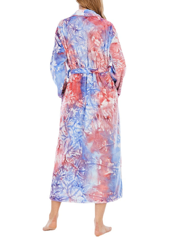 Women's Tie Dye Flannel Long Sleeve Robe with Double Pockets