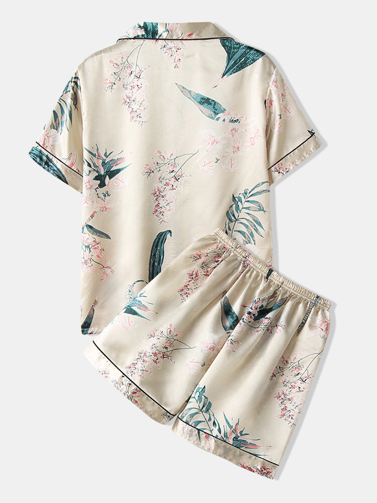 Plus Size Women's Plant Print Silk Pajama Set - Revere Collar, Short Sleeve, Loose Fit