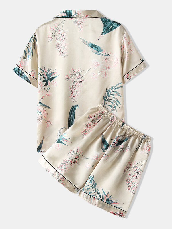 Plus Size Women's Plant Print Silk Pajama Set - Revere Collar, Short Sleeve, Loose Fit