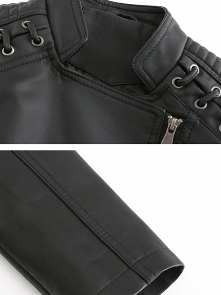 Women Faux PU Leather Solid Color Motorcycle Jacket Secondary image