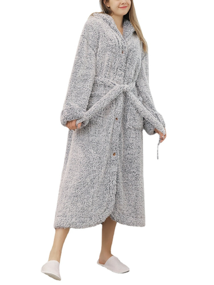Women's Warm Fleece Hooded Robe with Belt and Buttons