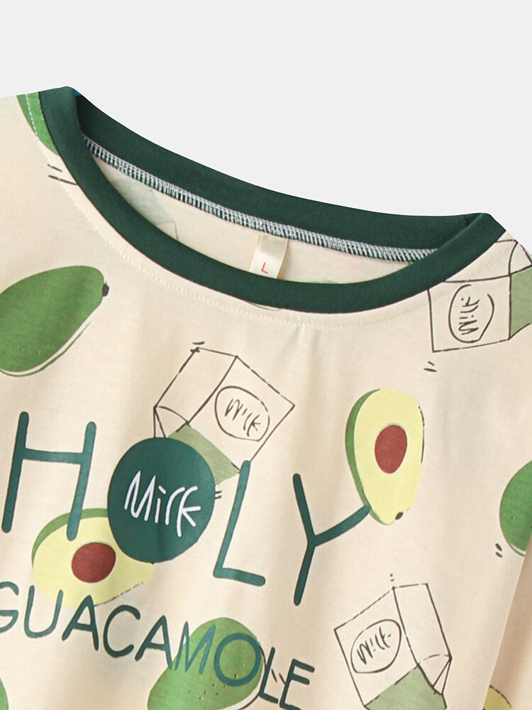 Women's Avocado Print Cotton Lounge Pajama Set - O-Neck, Long Sleeve, Two-Piece