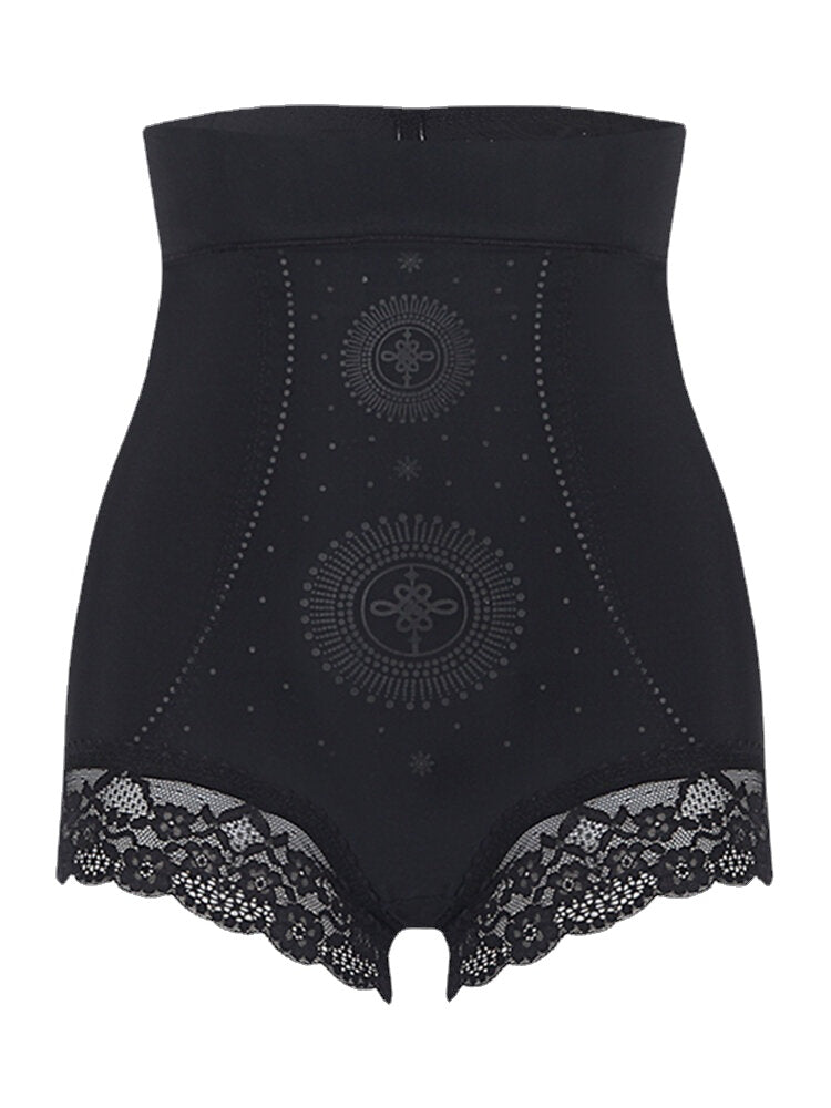 Women Hip Lifting Lace Trim Antibacterial Breathable High Waist Belly Shaping Panties