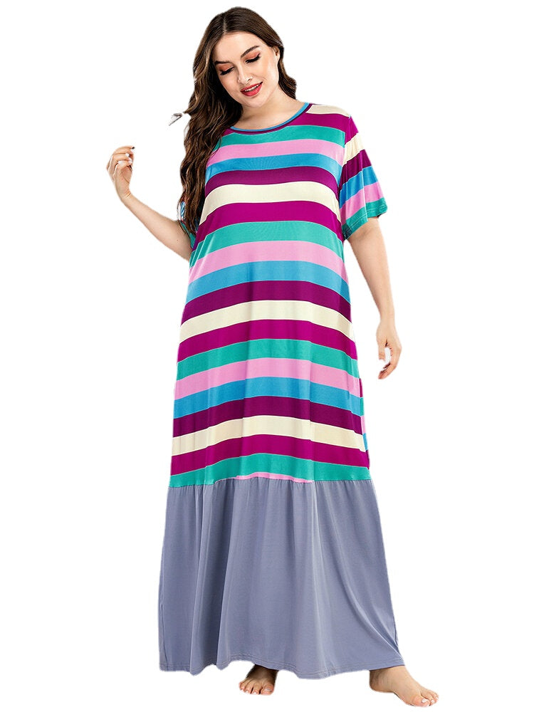 Plus Size Women's Colorful Stripe Short Sleeve Casual Nightgown Main image