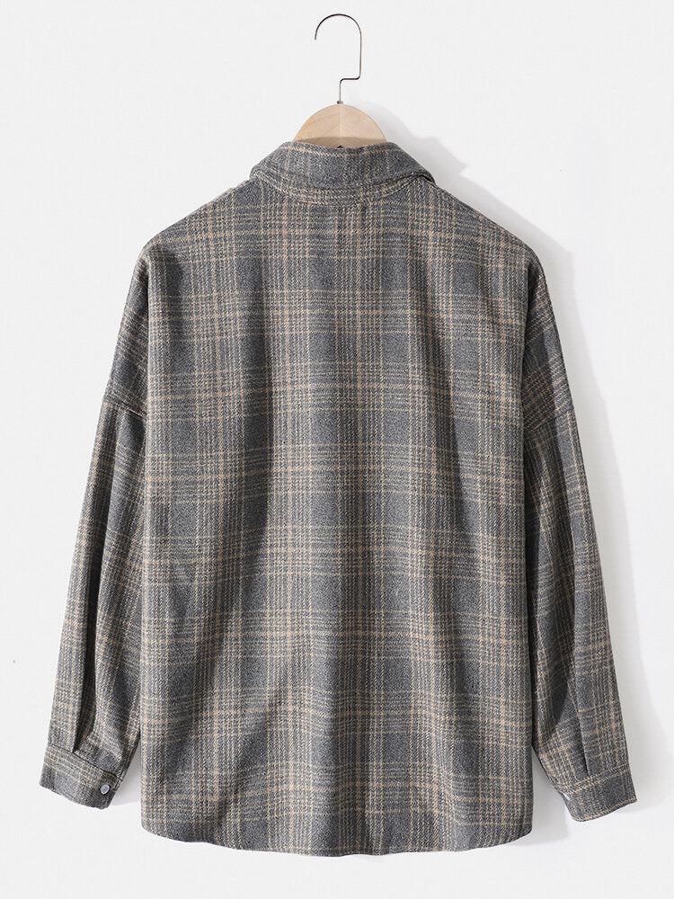 Mens Cotton Plaid Lapel Drop Shoulder Relaxed Fit Overshirt With Pocket Secondary image