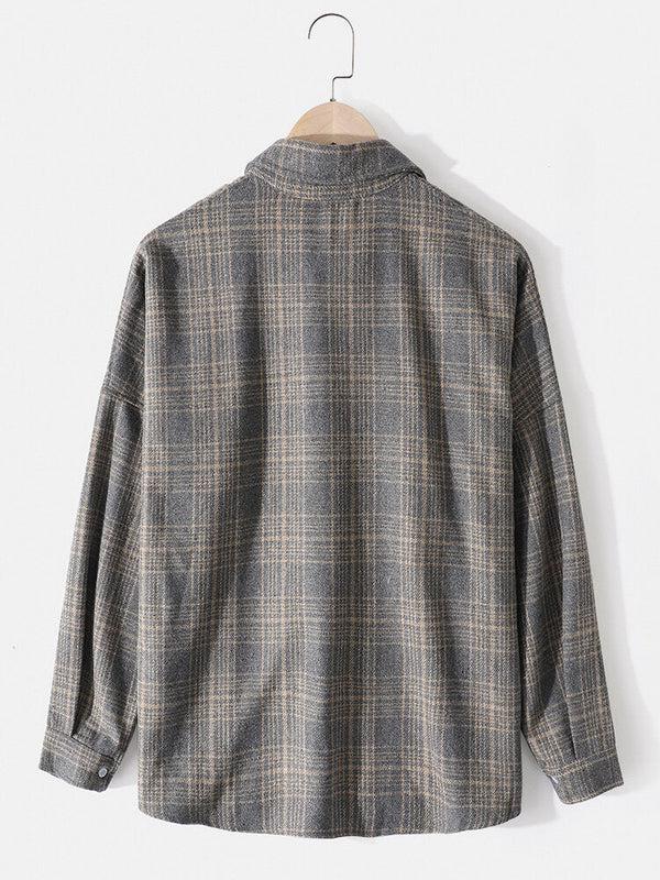 Mens Cotton Plaid Lapel Drop Shoulder Relaxed Fit Overshirt With Pocket