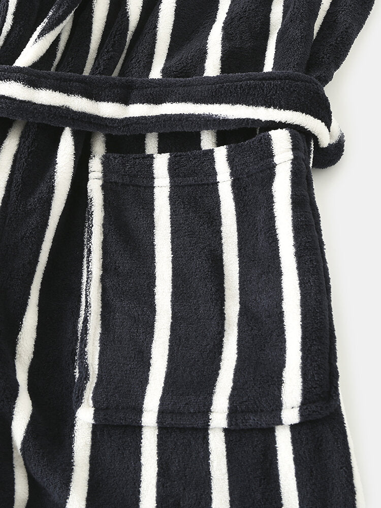 Men Basic Striped Print Flannel Winter Thick Mid-Length Home Lounge Robes