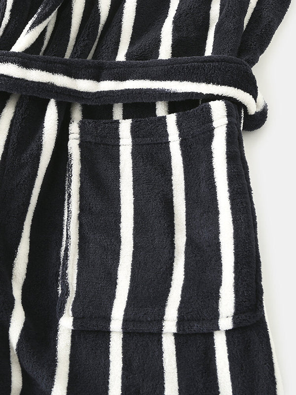 Men Basic Striped Print Flannel Winter Thick Mid-Length Home Lounge Robes