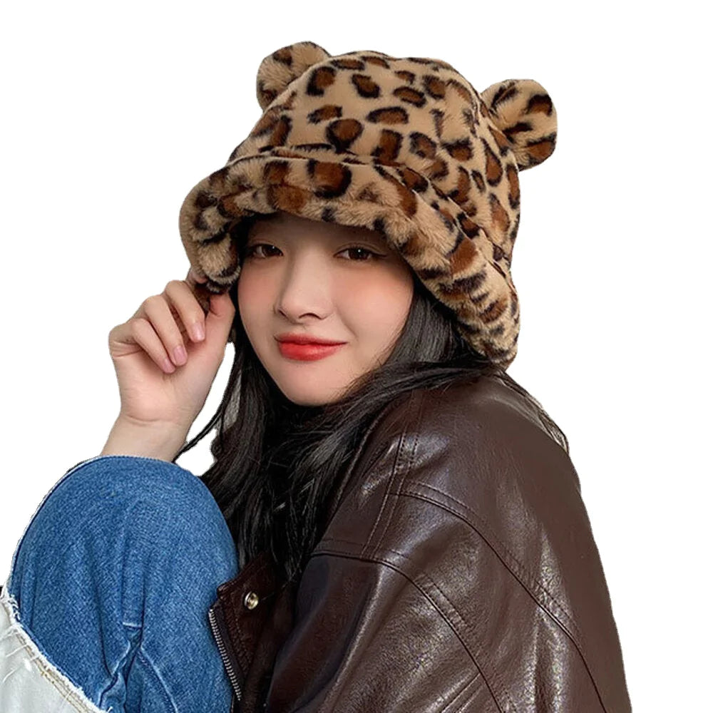 Women Faux Rabbit Hair Warm Soft Cute Casual All-match Animal Ear Pattern Bucket Hat Secondary image