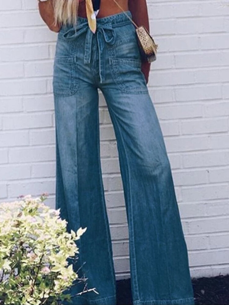Women Casual Zipper Fly Lace-Up Mid Waist Wide Leg Jeans With Pocket Secondary image