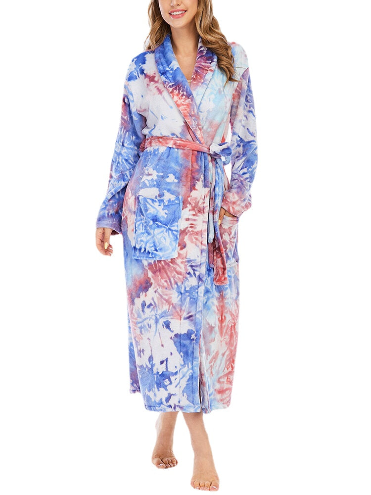 Women's Tie Dye Flannel Long Sleeve Robe with Double Pockets