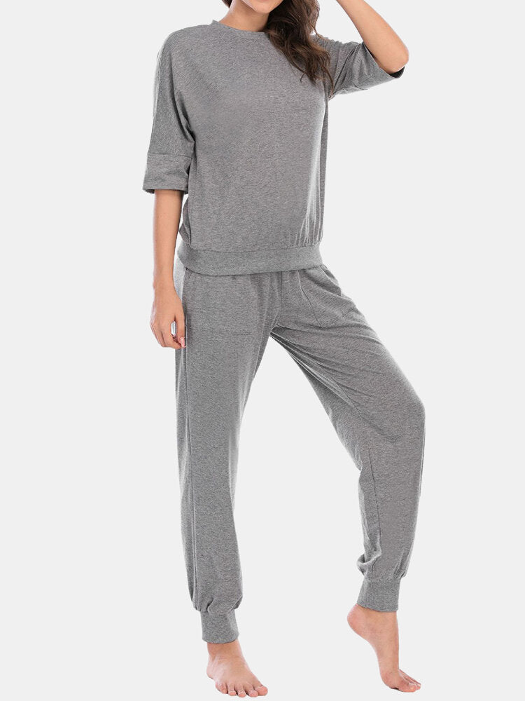 Women's Comfy 3/4 Sleeve Pajama Set - Solid Color Top & Long Pants Secondary image