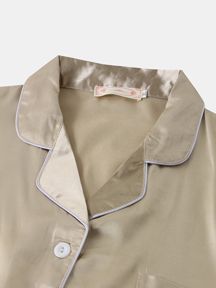 Plus Size Women's Faux Silk Pajama Set - Solid Color, Revere Collar, Smooth & Casual