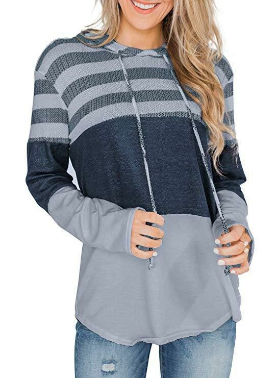 Women Christmas Elk Stripe Patchwork Casual Long Sleeve Drawstring Hoodies