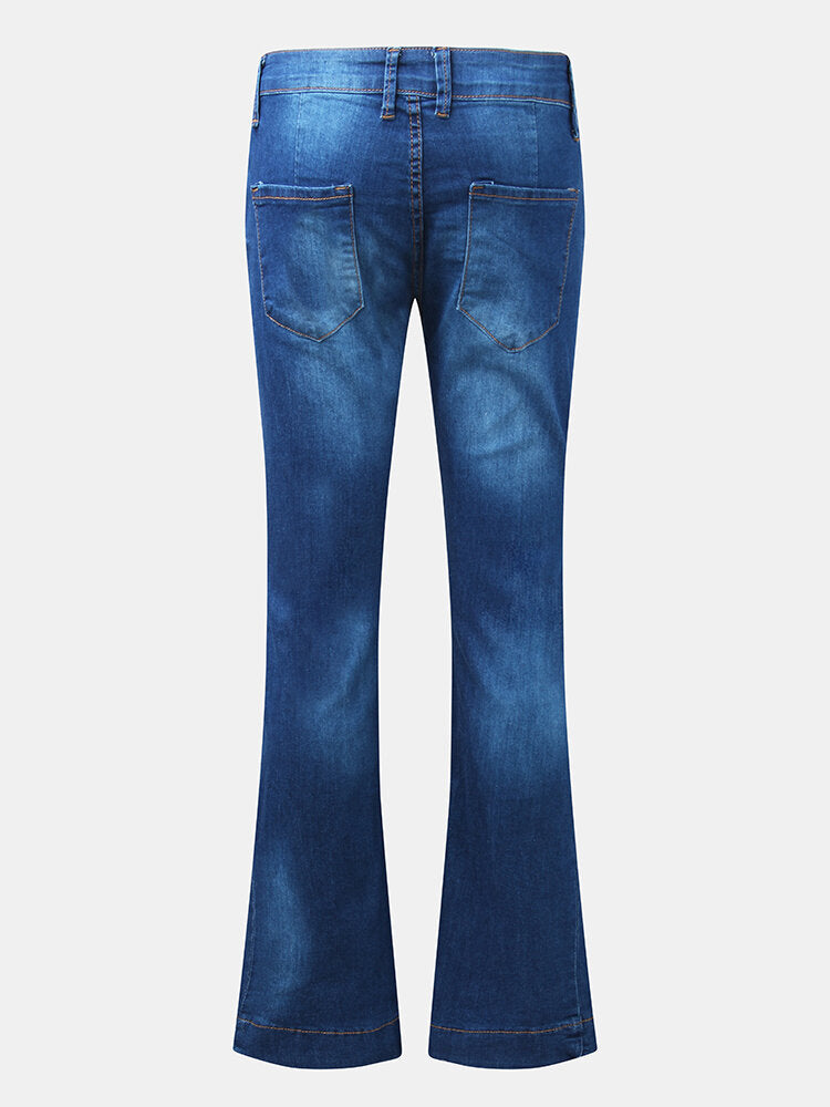 Women Pocket Button Denim Casual Bell-Bottoms Jeans Secondary image